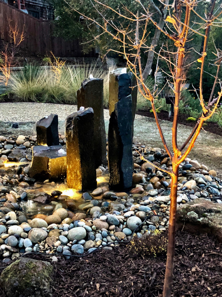 This is an example of a mid-sized traditional front yard partial sun xeriscape for winter in San Francisco with a water feature and river rock.