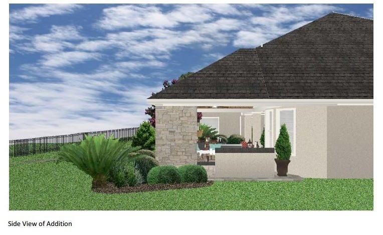 Design ideas for a mid-sized transitional backyard patio in Houston with a fire feature, tile and a roof extension.