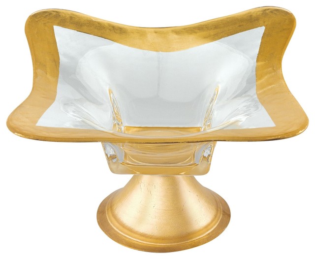 Crystal Glass 8inch Square Pedestal Bowl with Genuine Gold Leaf