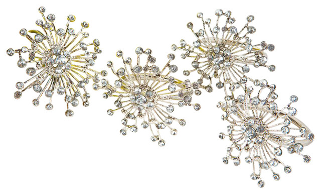 Snowflake Holiday Elegant Jeweled Metal Napkin Rings, Silver, Set of 4