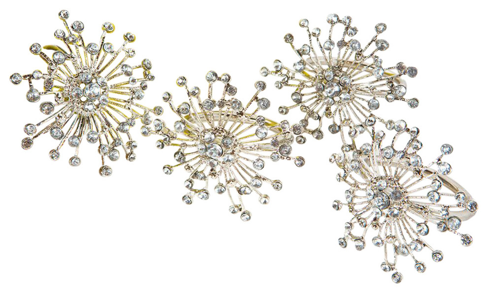 Snowflake Holiday Elegant Jeweled Metal Napkin Rings, Silver, Set of 4