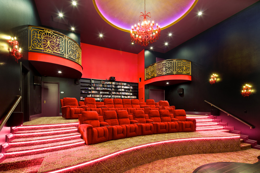 Photo of a mediterranean home theatre in San Diego with black walls.
