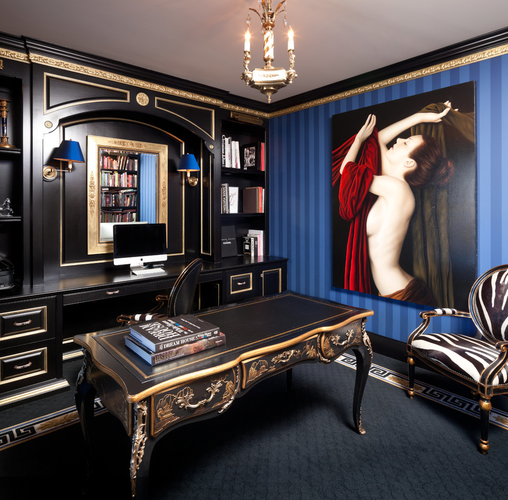 Inspiration for a timeless freestanding desk carpeted study room remodel in Minneapolis with blue walls