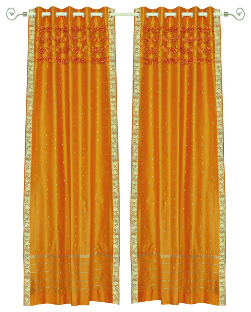 Mustard Hand Crafted Grommet Top Sheer Sari Curtain Panel Piece