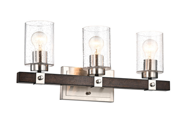 3 Light Brushed Nickel And Wood Vanity With Seedy Glass Sconces