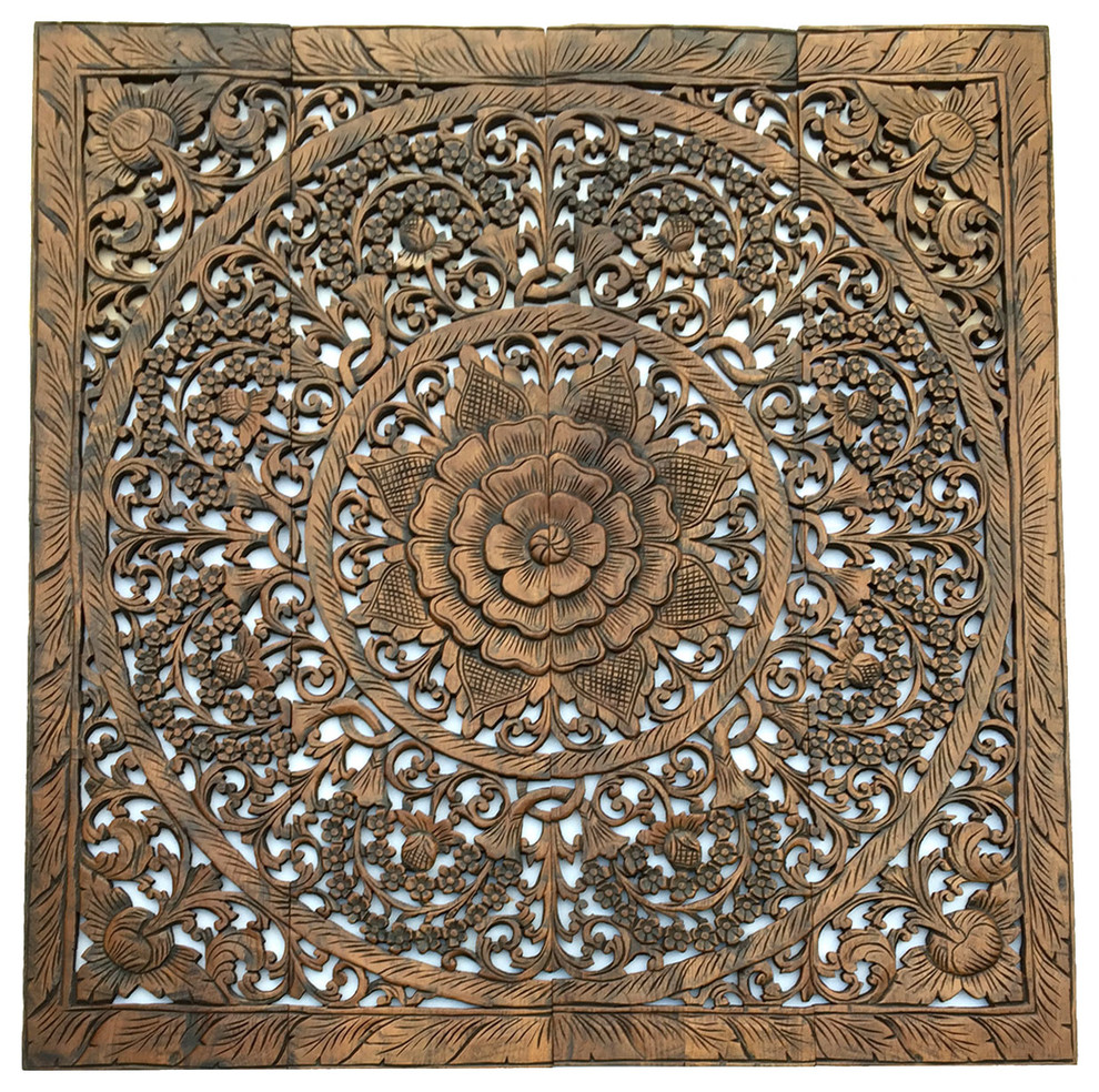 Asian Carved Wood Wall Decor Plaque Floral Wood Wall Art Panel Espresso 24" 
