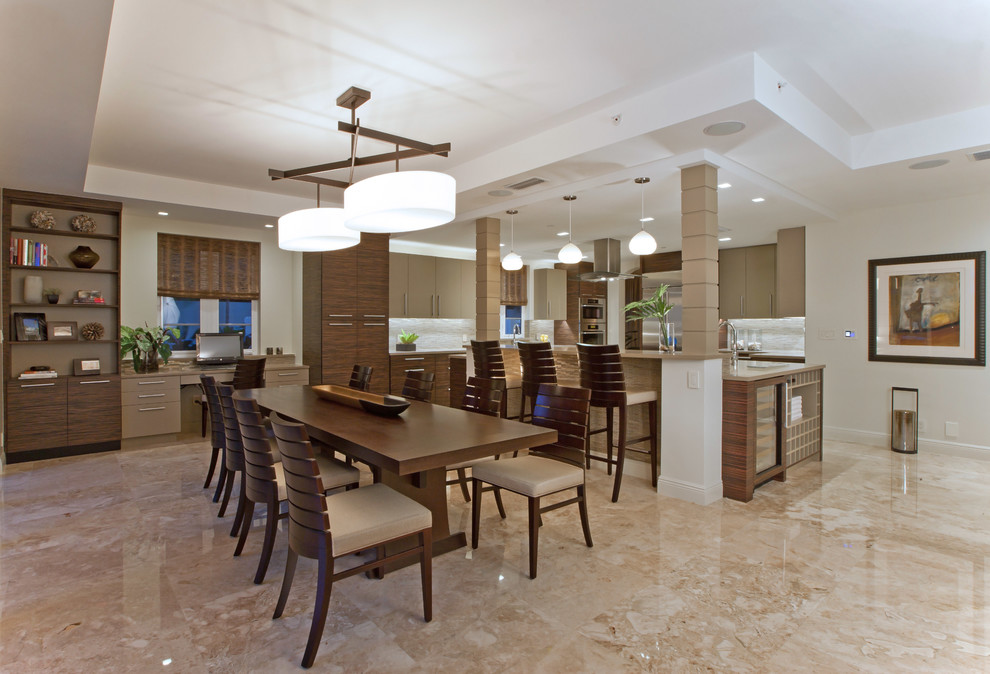 Inspiration for a large transitional eat-in kitchen in Miami with an undermount sink, flat-panel cabinets, beige cabinets, quartz benchtops, white splashback, mosaic tile splashback, stainless steel appliances, marble floors and with island.
