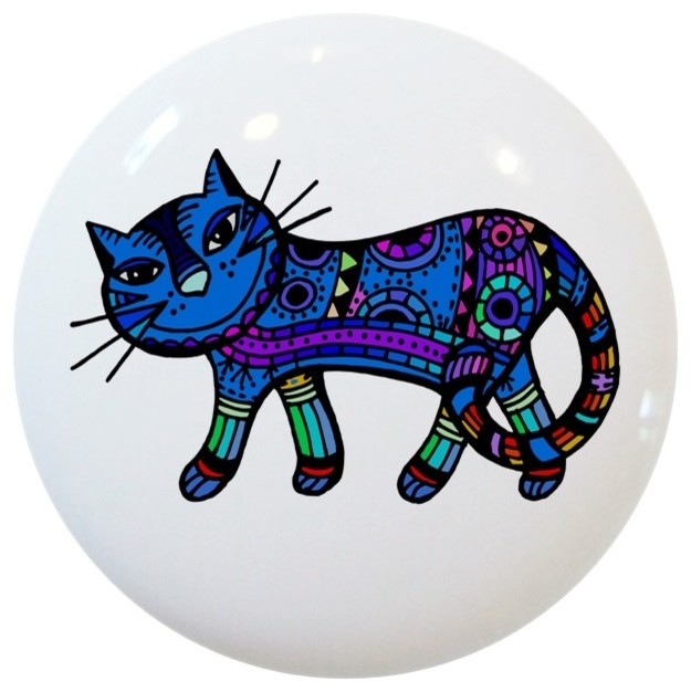 Blue Abstract Cat Ceramic Cabinet Drawer Knob Contemporary