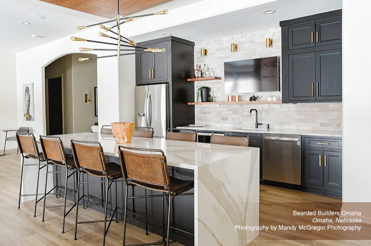 Gray Inset Kitchen Cabinets with Island Seating