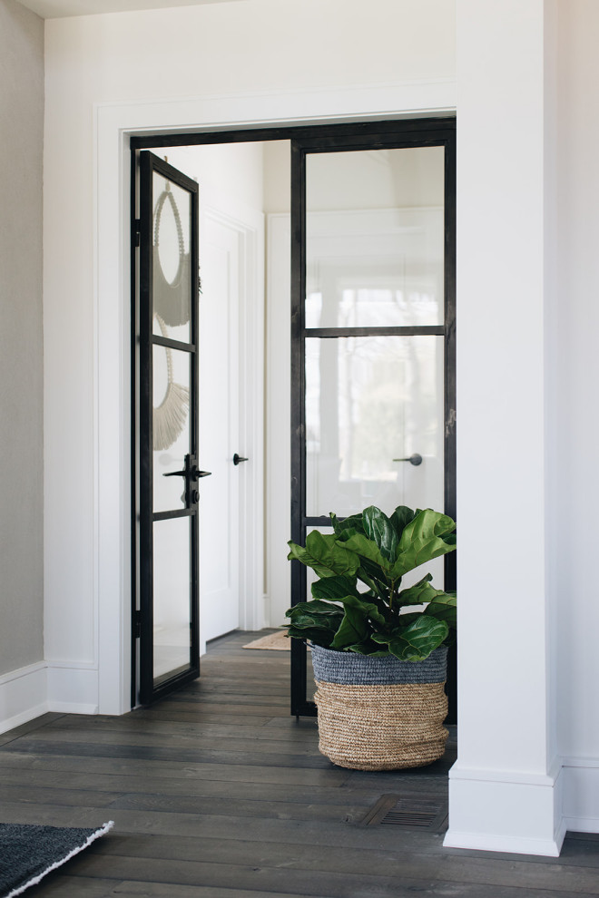 Источник вдохновения для домашнего уюта: коридор среднего размера в стиле модернизм с белыми стенами, темным паркетным полом, коричневым полом и балками на потолке