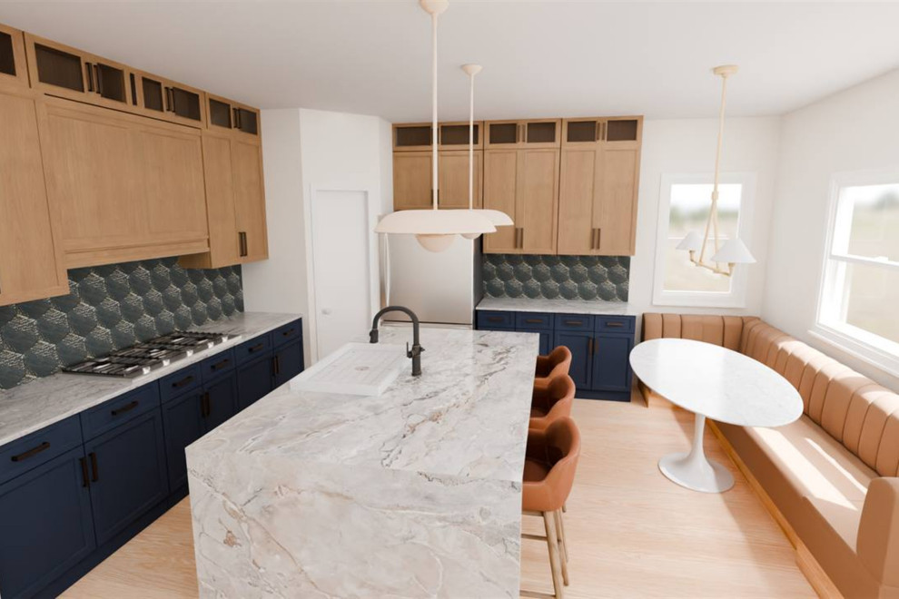 3D RENDERING: NAVY & WOOD KITCHEN WITH WATERFALL ISLAND