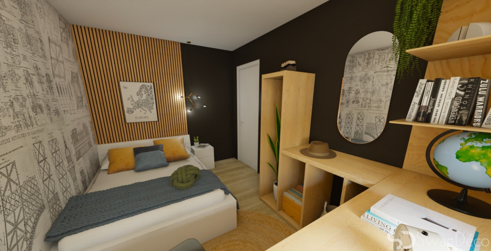 Источник вдохновения для домашнего уюта: спальня среднего размера в современном стиле с черными стенами, полом из ламината, бежевым полом и обоями на стенах без камина