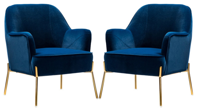 Nora Upholstered Velvet Accent Chair With Golden Base Set of 2, Navy