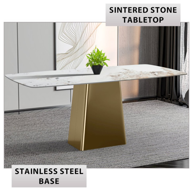 Quinix Series Dining Table, Gold Base With 55 White Grey Sintered Stone ...