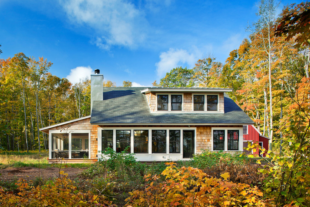 Small farmhouse beige two-story wood exterior home idea in Minneapolis