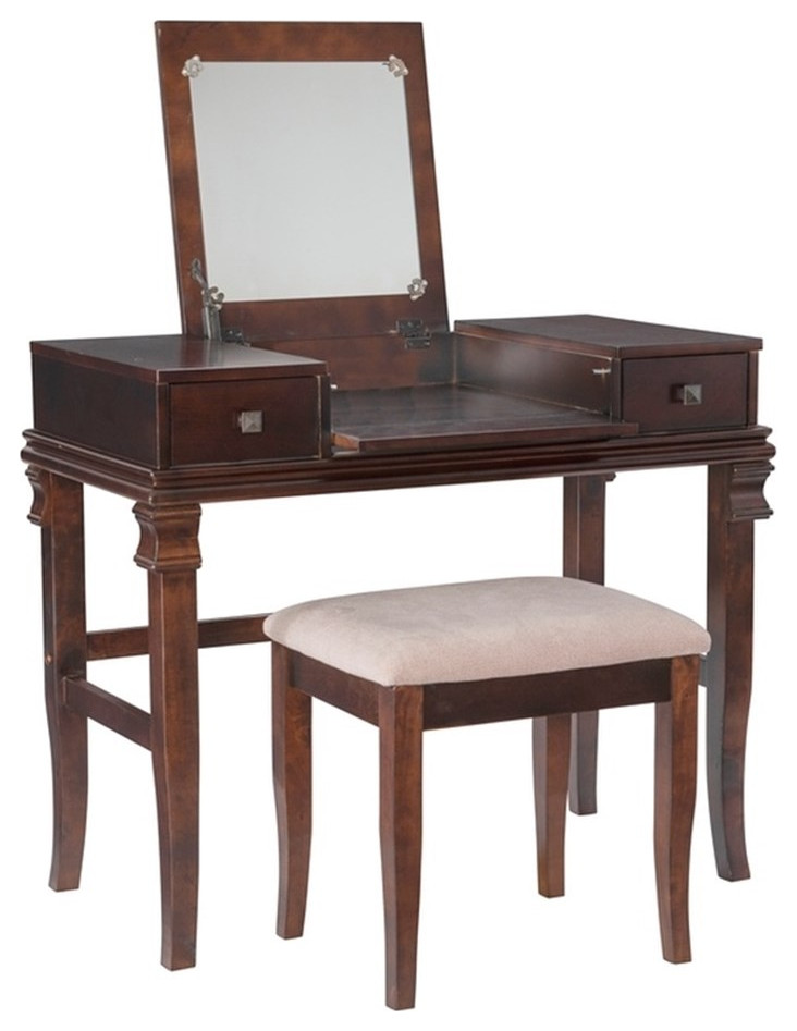Linon Angela Wood Vanity Set Upholstered Beige Stool 2 Drawers Mirror in Walnut