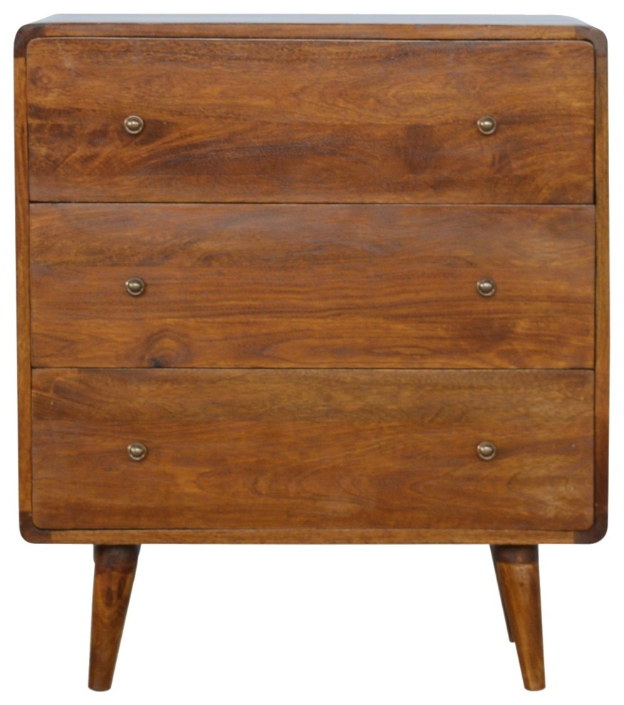 3Drawer Curved Chest of Drawers, Chestnut, 70x35x80 cm Midcentury