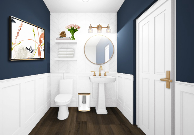 Aménagement d'un petit WC et toilettes contemporain avec un mur bleu, parquet foncé, un sol marron, meuble-lavabo sur pied et boiseries.