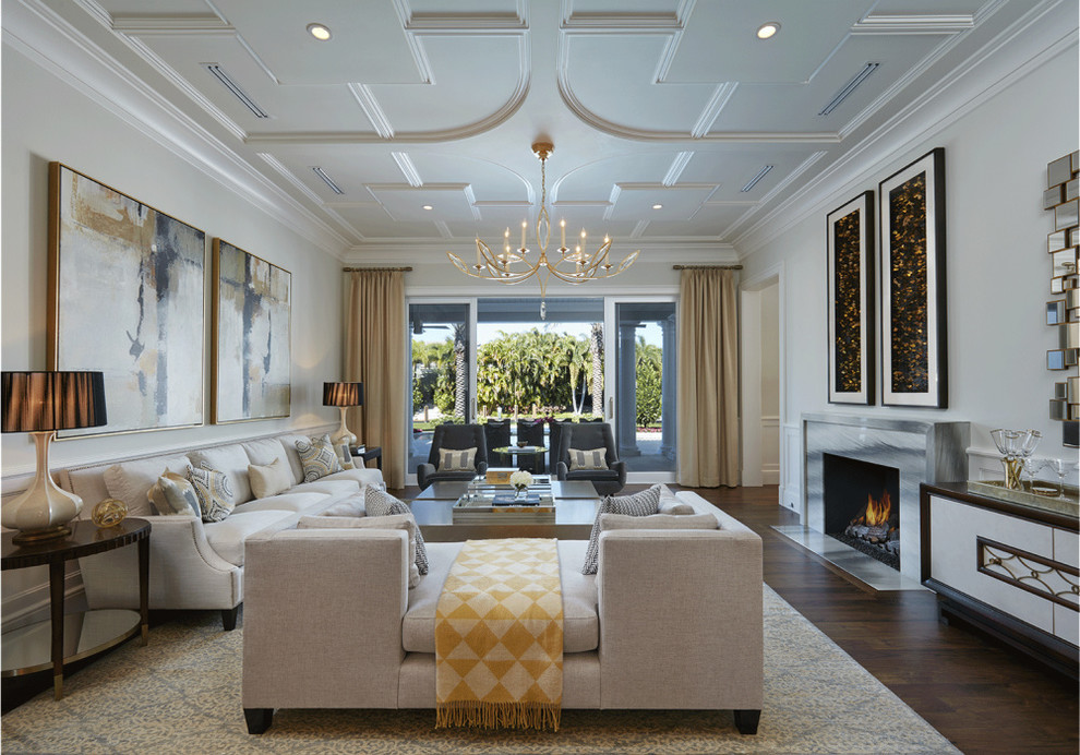 Transitional formal living room in Miami with white walls, dark hardwood floors, a standard fireplace and no tv.