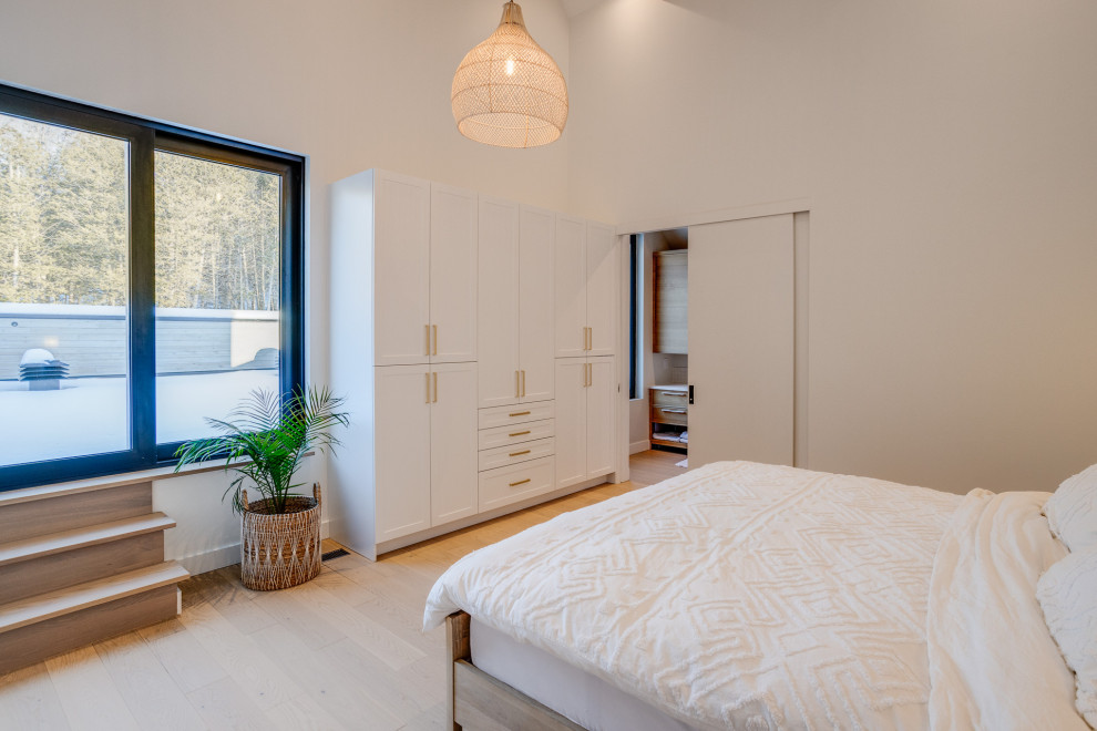Photo of a scandinavian master bedroom in Montreal with white walls, light hardwood floors and vaulted.