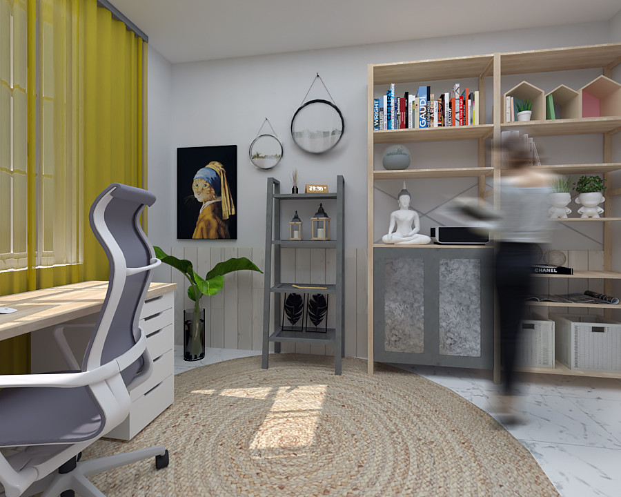 Idéer för ett mellanstort skandinaviskt hemmabibliotek, med vita väggar, klinkergolv i porslin, ett fristående skrivbord och grått golv