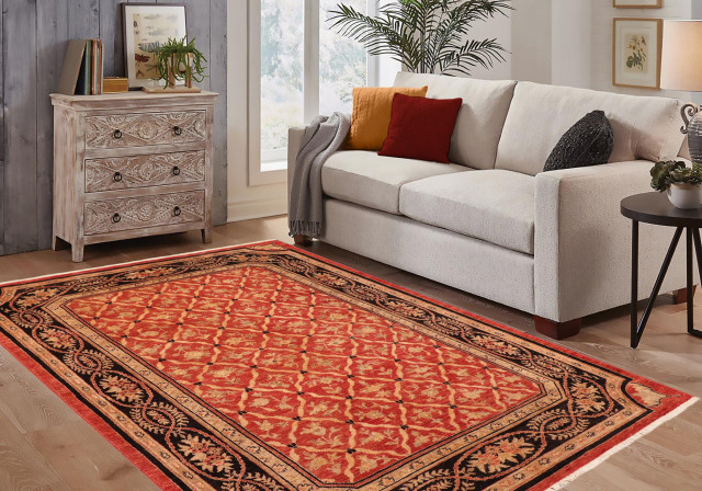 Boho Rug Simple Red Boho Chic Ziegler Joel Red Black Hand-Knotted Wool Rug - 6'0'' x 8'9 ...