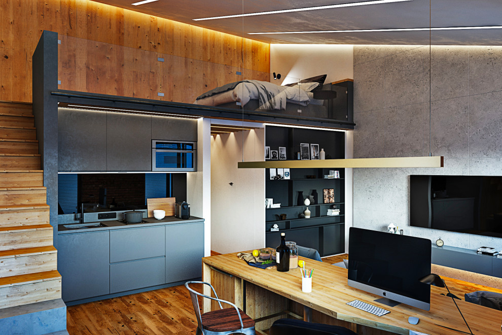 Интерьер небольшой двухуровневой квартиры студии в стиле лофт