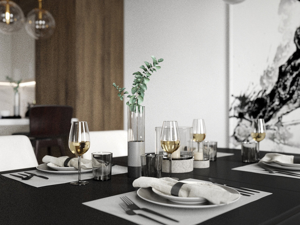 Современная гостиная с кухней и столовой зоной