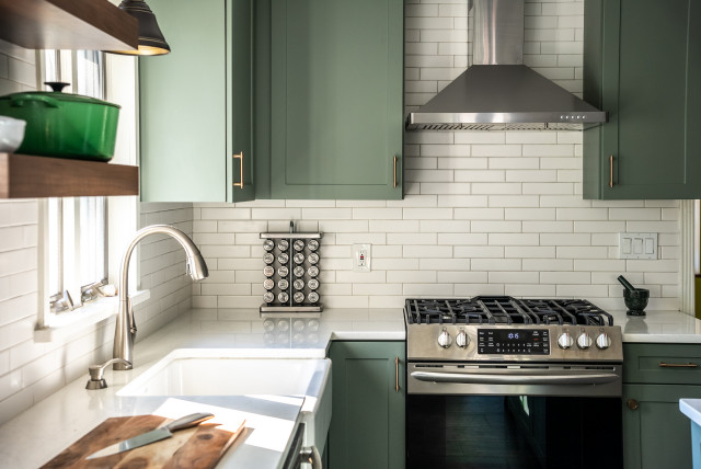 Sage green kitchen cabinets with walnut wood countertop on Craiyon