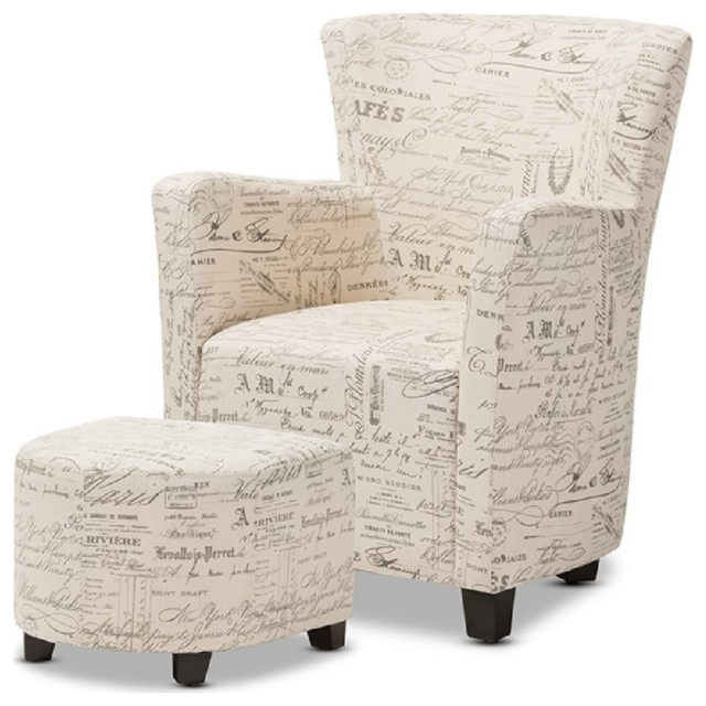 Contemporary Accent Chair and Ottoman, French Script Patterned