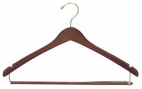 Wooden Curved Suit Hanger With Locking Bar, Walnut/Brass Finish, Box of 25