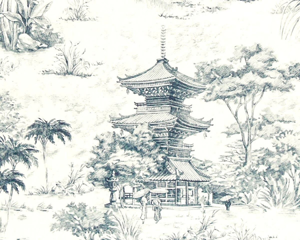 Blue Pagoda Toile Fabric Mid Century Asian Tea House Material, Standard Cut- 24" Length