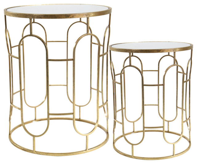 2Piece Mirrored Round Accent Tables, Gold Contemporary Side Tables