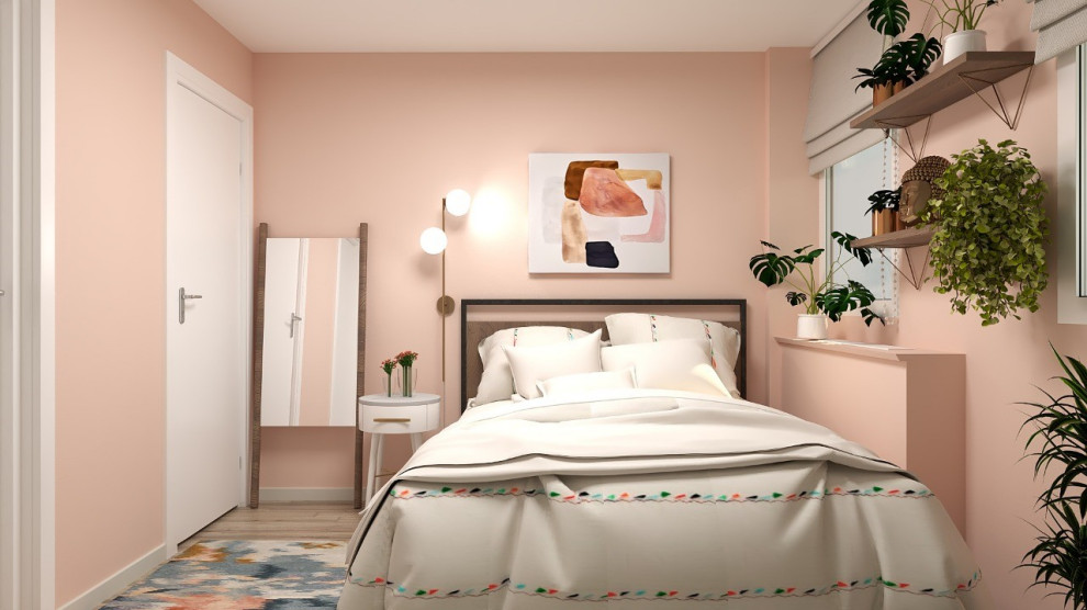 Idées déco pour une petite chambre parentale contemporaine avec un mur rose, un sol en bois brun et un sol marron.
