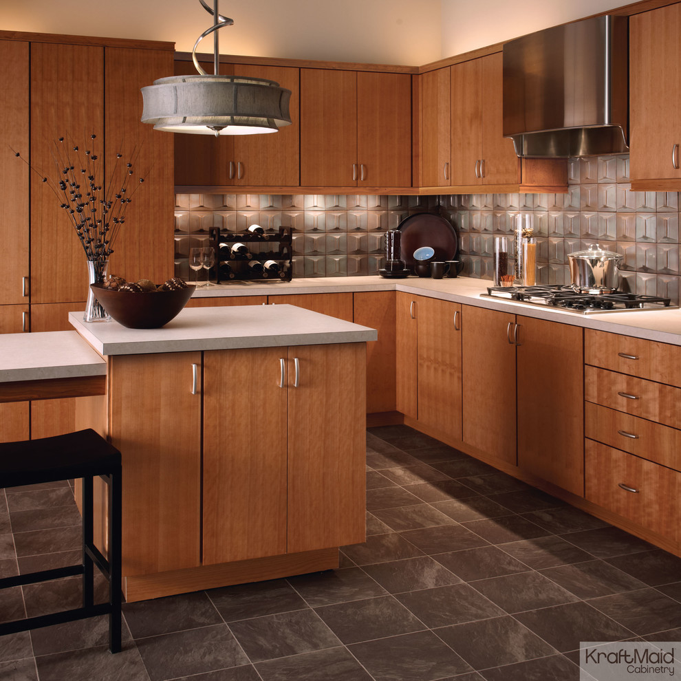 Design ideas for a small contemporary l-shaped eat-in kitchen in Detroit with flat-panel cabinets, light wood cabinets and with island.