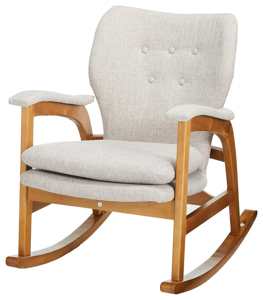 Mid Century Rocking Chair, Wooden Frame With Cushioned Seat & Button Backrest