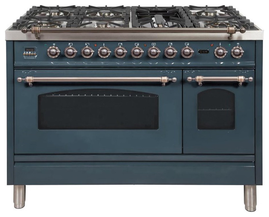 ILVE Nostalgie 48" NG Metal Double Oven Dual Fuel Range in Blue Gray