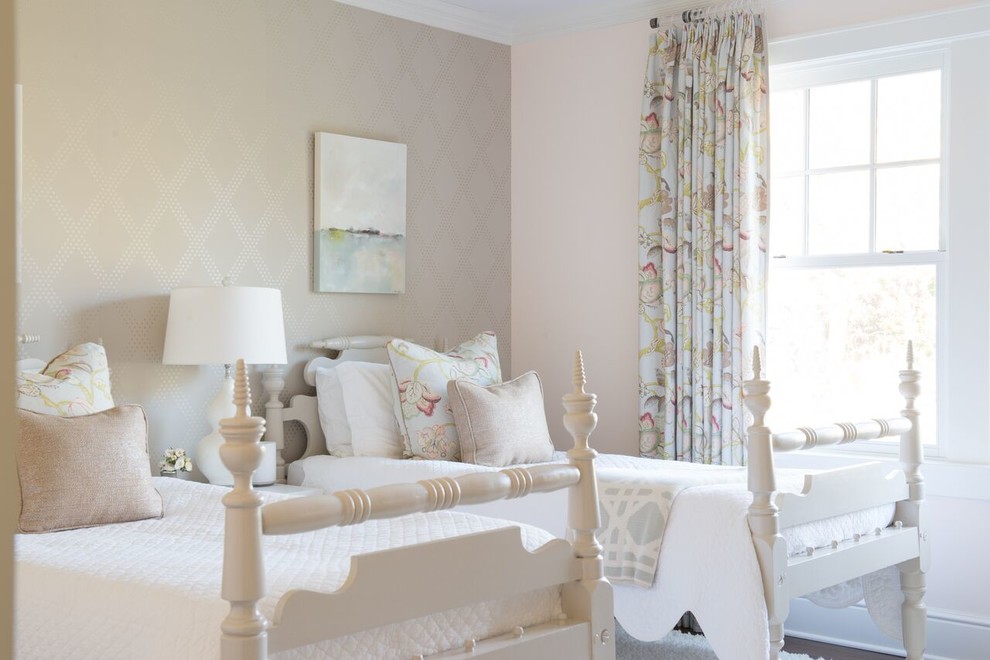 Shingle Style New Construction - Bedroom and mid-sized transitional girl dark wood floor and brown floor kids' bedroom photo in DC Metro with multicolored walls
