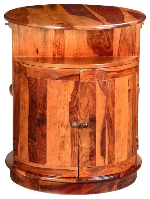 Marion Rustic Round Mini Bar Cabinet With Double Sided Barrel