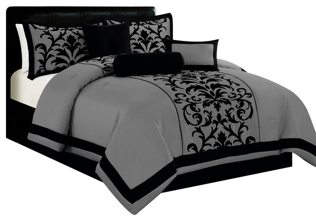 7pc Traditional Damask Print Satin Comforter Set With Cushions 7 Piece Traditional Damask Print Satin Comforter Set With Cushions Gray Queen