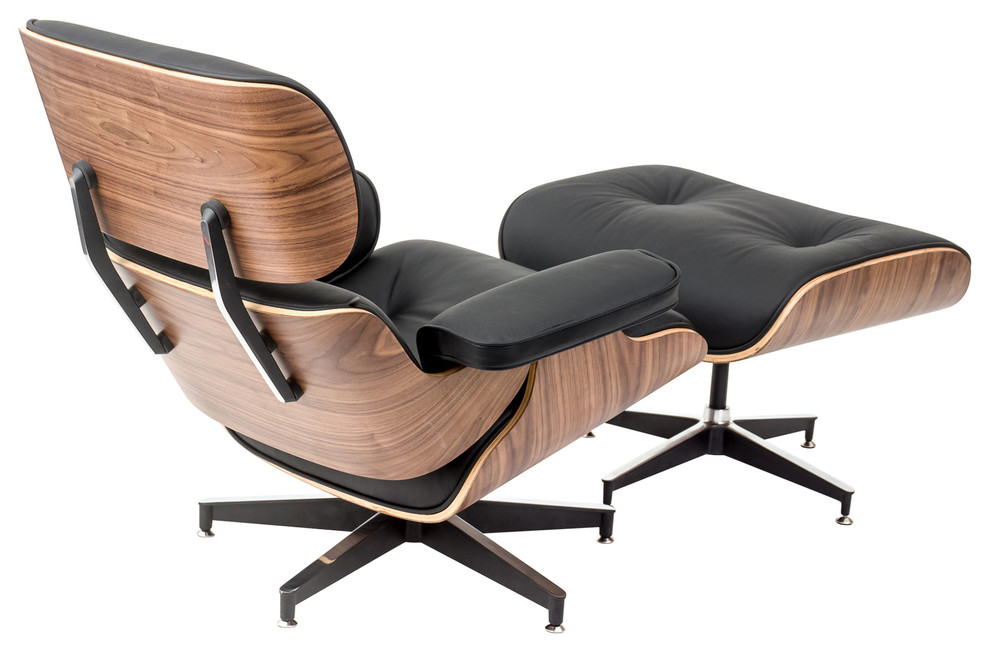 Plywood Lounge Chair and Ottoman - 100% Top Grain Italian Leather, Walnut/Black