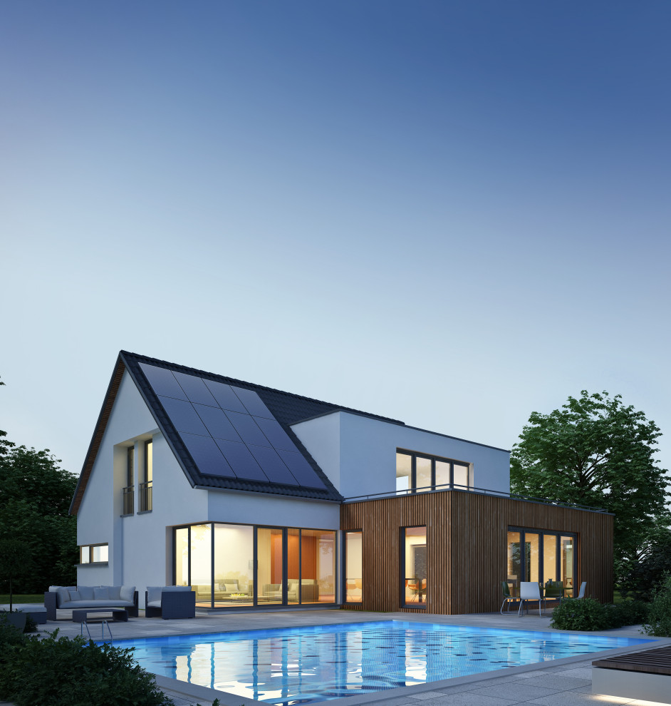 Modelo de fachada de casa multicolor y negra moderna grande de dos plantas con todos los materiales de revestimiento, tejado a dos aguas y tejado de varios materiales