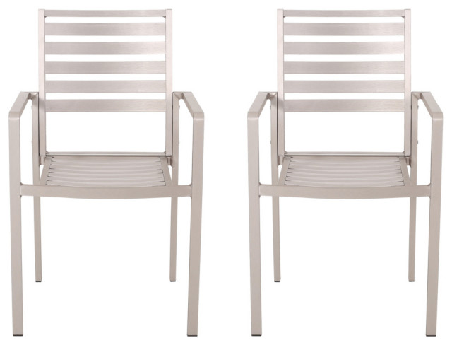Megan Outdoor Modern Aluminum Dining Chair, Set of 2, Silver