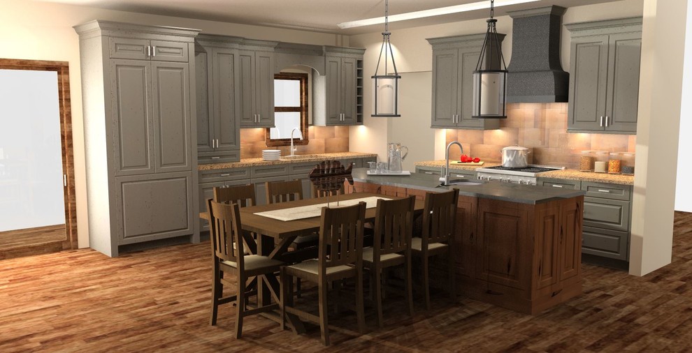 Eat-in kitchen - large rustic dark wood floor and brown floor eat-in kitchen idea in Minneapolis with an undermount sink, raised-panel cabinets, gray cabinets, quartz countertops, brown backsplash, paneled appliances and an island