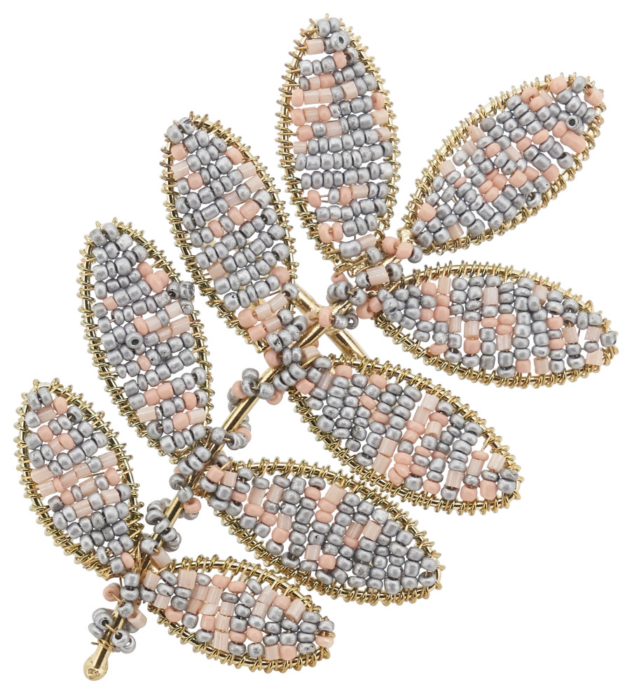 Beaded Napkin Rings With Leaf Design, Set of 4, Gold