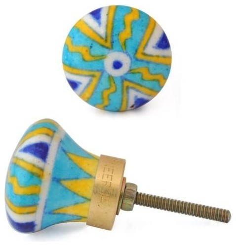 Floral Patchwork Knobs, Blue, Turquoise, Yellow & White Patchwork, Set of 3