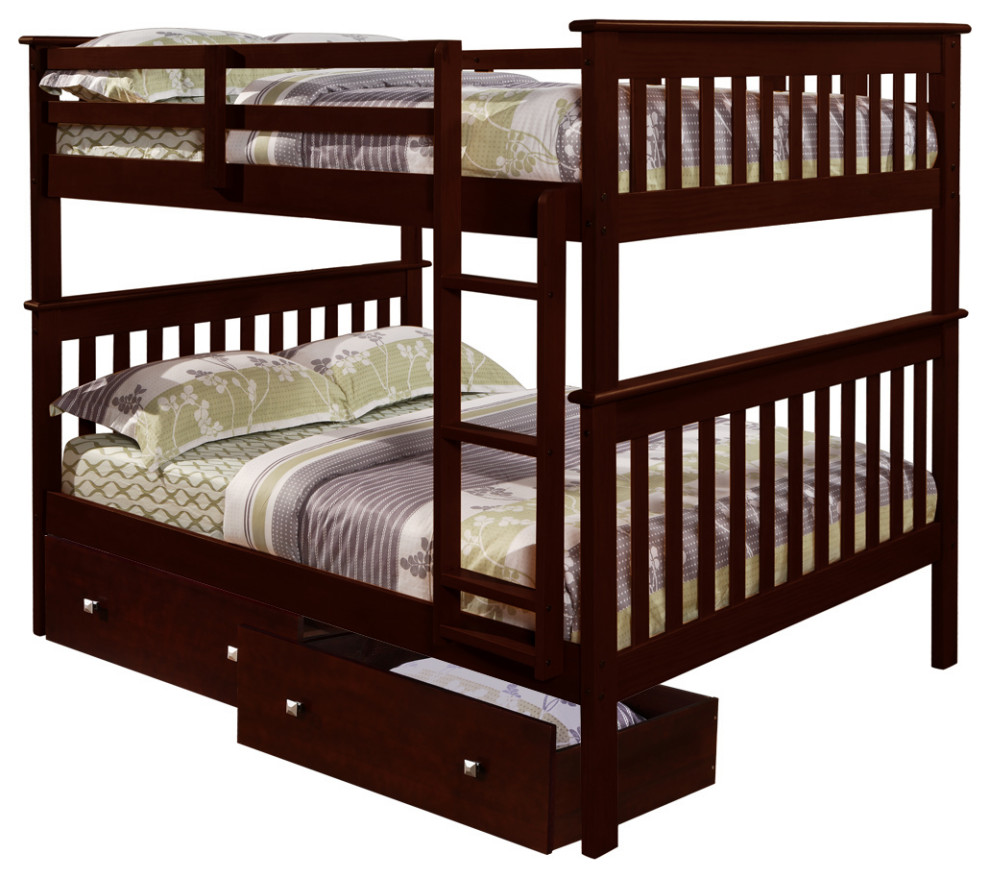 Full/Full Mission Bunk Bed With Dual Underbed Drawers Dark Cappuccino Finish Transitional