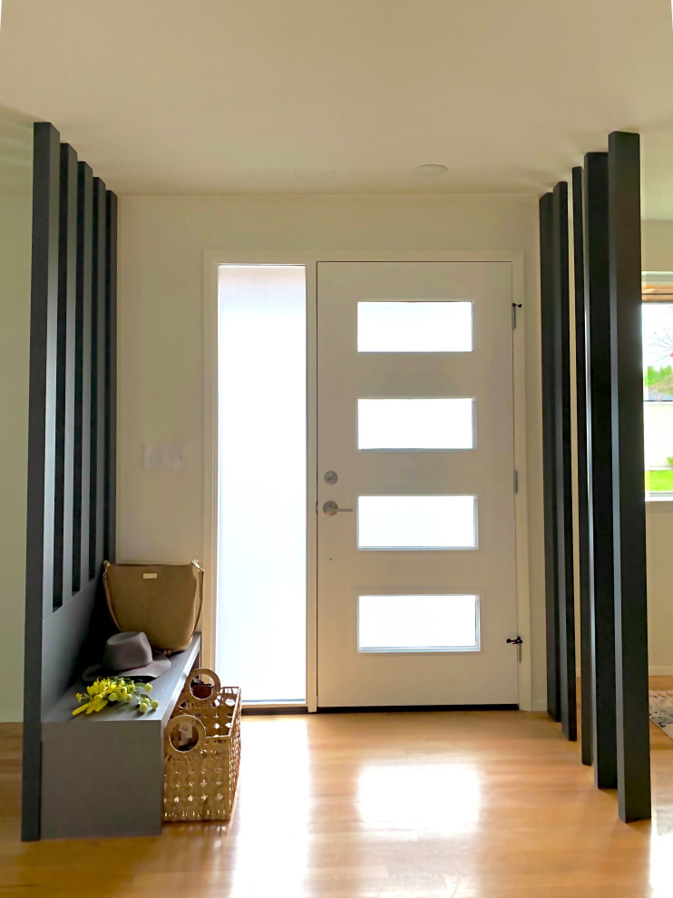 Ispirazione per una piccola porta d'ingresso contemporanea con parquet chiaro, una porta singola e una porta bianca