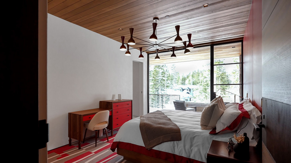 Ispirazione per una camera degli ospiti minimalista di medie dimensioni con pareti multicolore, moquette, pavimento multicolore e pannellatura