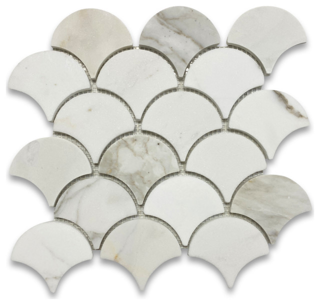 Calacatta Gold Calcutta Marble Fish Scale Fan Shape Mosaic Tile Honed ...